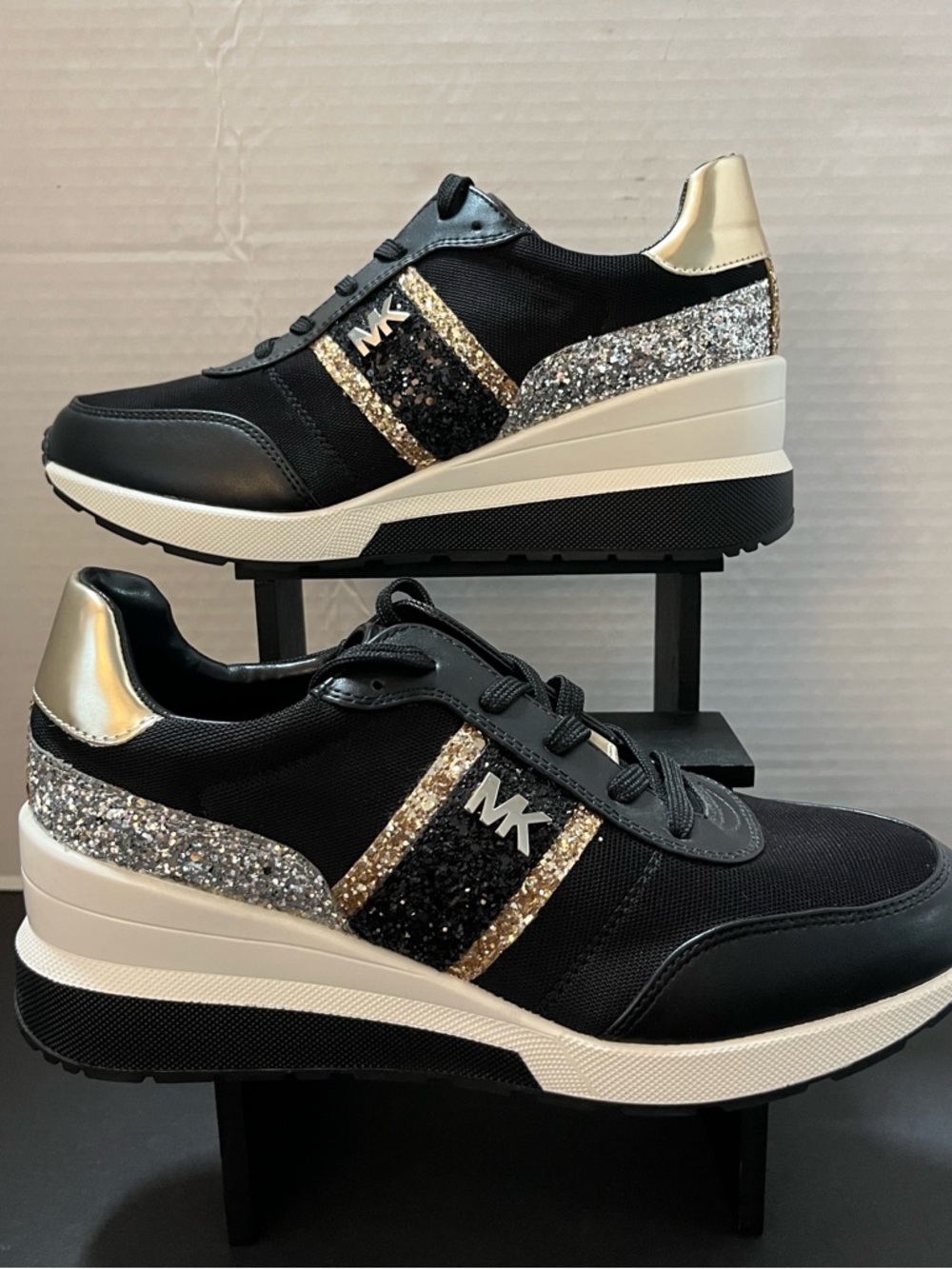 New Michael KORS Mabel Black Glitter MK Logo Wedge Trainer Sneakers - Women's 10